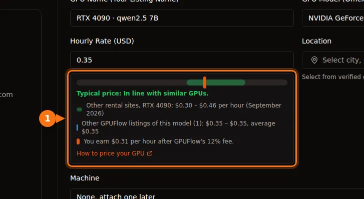 The price bar on the GPUFlow listing form, showing a typical price for an RTX 4090 and the earnings after the fee