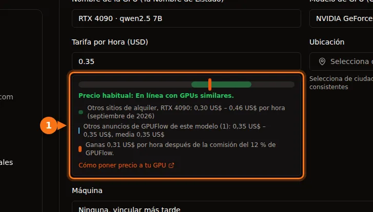 La barra de precios del formulario de anuncio de GPUFlow, con un precio habitual para una RTX 4090 y las ganancias después de la comisión