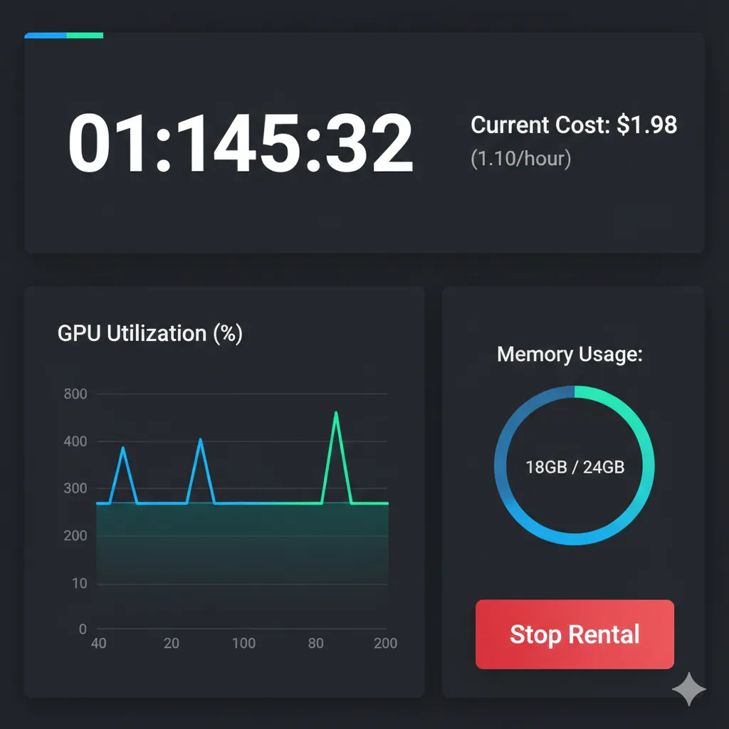 GPU rental dashboard displaying active session with real-time cost tracking, utilization metrics, and termination controls