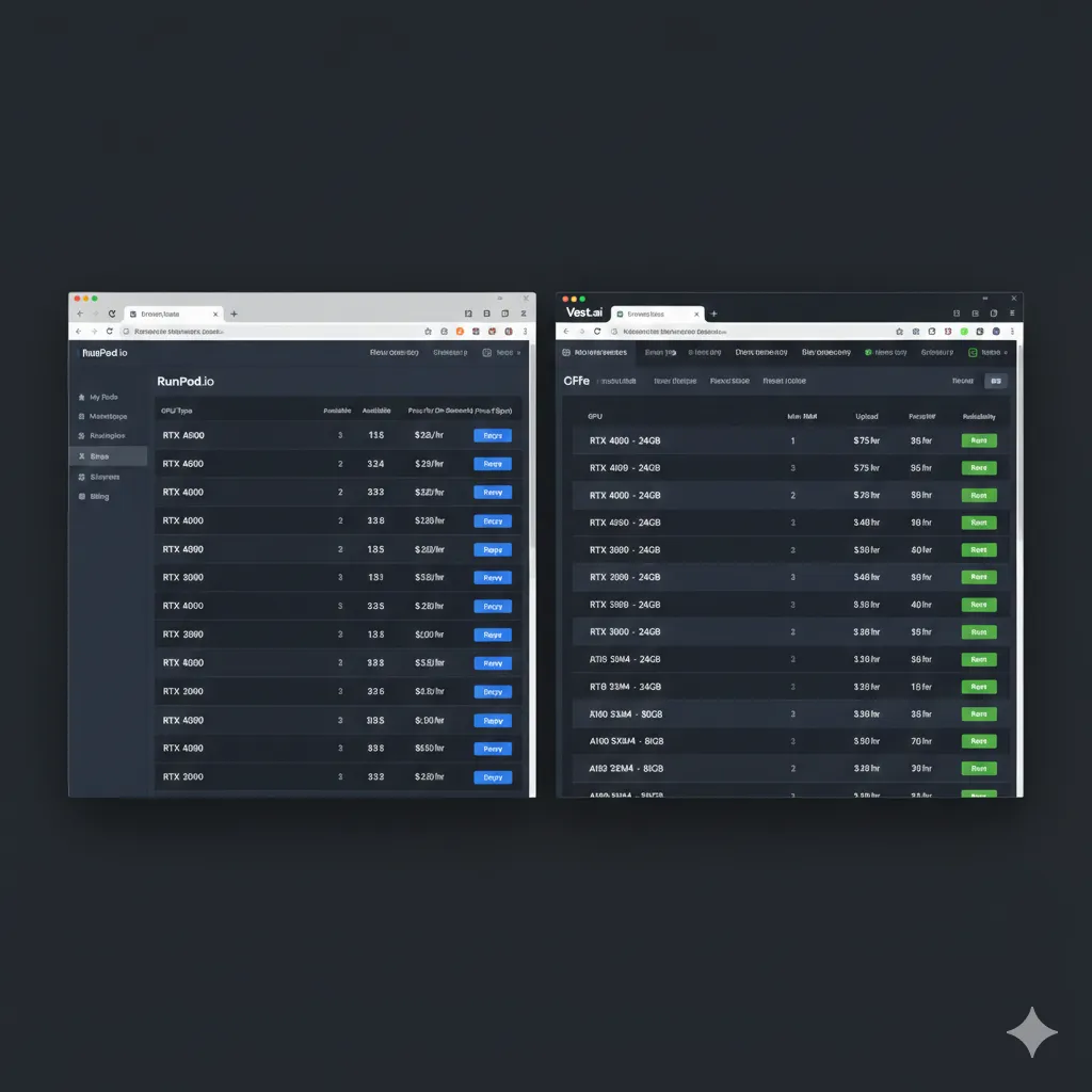 Side-by-side screenshot of RunPod and Vast.ai dashboards showing GPU instance listings with pricing