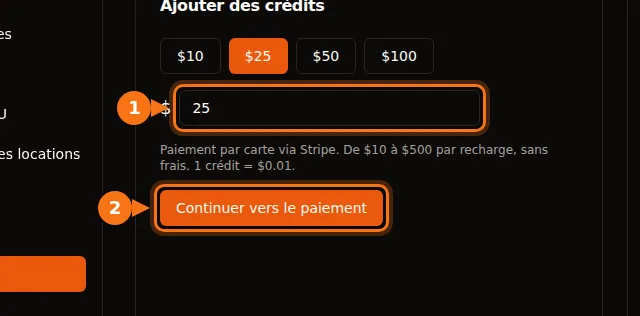 La page Paiements de GPUFlow avec les boutons de montant et le bouton Continuer vers le paiement mis en évidence