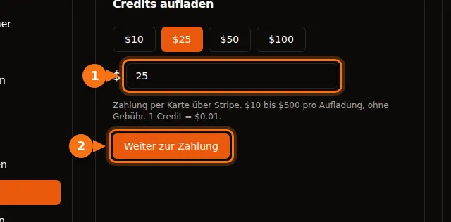 Die Seite Zahlungen bei GPUFlow mit hervorgehobenen Betragsschaltflächen und der Schaltfläche Weiter zur Zahlung