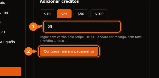 A página Pagamentos do GPUFlow com os botões de valor e o botão Continuar para o pagamento em destaque