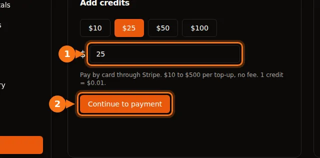 The GPUFlow Payments page with the amount buttons and the Continue to payment button highlighted