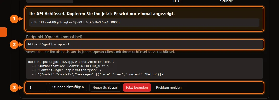 Die Seite Aktuelle Mieten mit hervorgehobenem API-Schlüssel, Endpunkt und den Schaltflächen der Miete