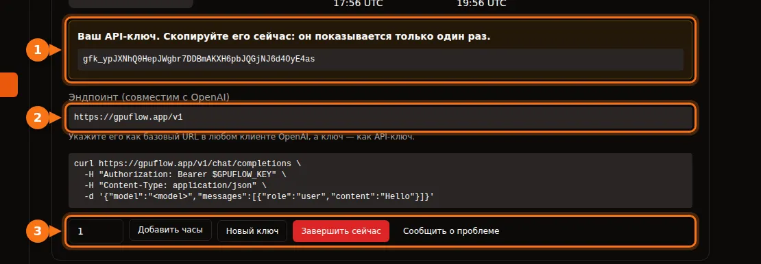 Страница «Текущие аренды»: выделены API-ключ, эндпоинт и кнопки управления арендой