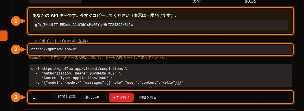 API キー、エンドポイント、レンタルのボタンが強調表示された「現在のレンタル」ページ