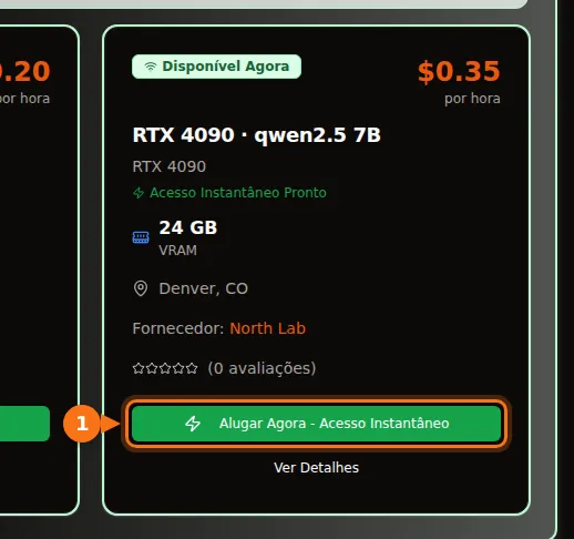 O card de uma RTX 4090 no marketplace do GPUFlow servindo o qwen2.5 7B, com 24 GB de VRAM, US$ 0,35 por hora e o botão Alugar Agora