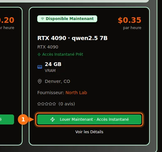 Une carte de la place de marché GPUFlow pour une RTX 4090 qui sert qwen2.5 7B, avec 24 Go de VRAM, 0,35 $ de l'heure et un bouton Louer Maintenant