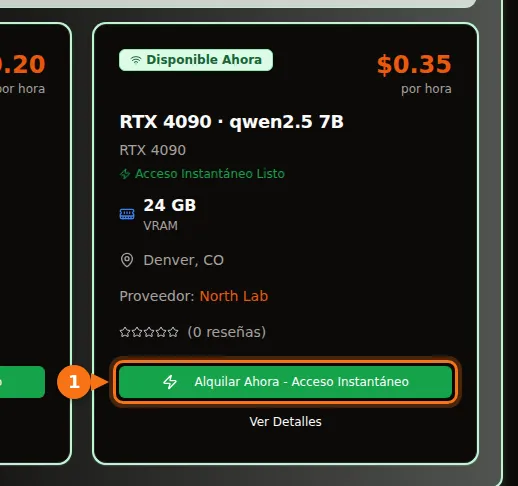 Una tarjeta del mercado de GPUFlow para una RTX 4090 que sirve qwen2.5 7B, con 24 GB de VRAM, 0,35 $ por hora y un botón Alquilar Ahora