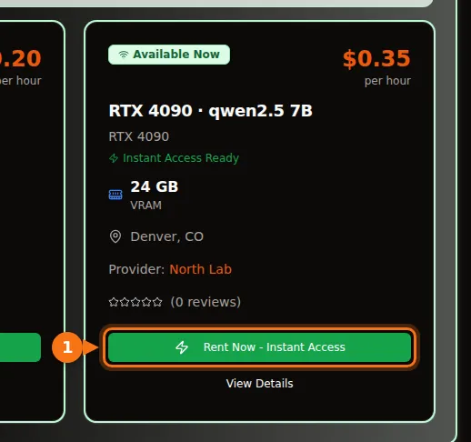 A GPUFlow marketplace card for an RTX 4090 serving qwen2.5 7B, showing 24 GB VRAM, $0.35 per hour and a Rent Now button