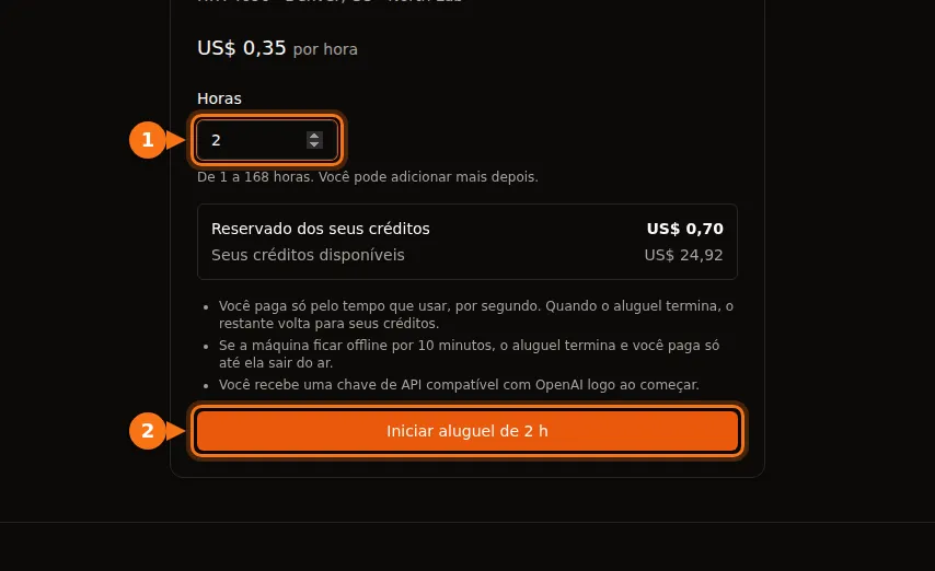 O formulário de aluguel do GPUFlow para uma GPU de US$ 0,35 por hora, com 2 horas preenchidas, US$ 0,70 reservados dos créditos e o botão Iniciar aluguel de 2 h em destaque