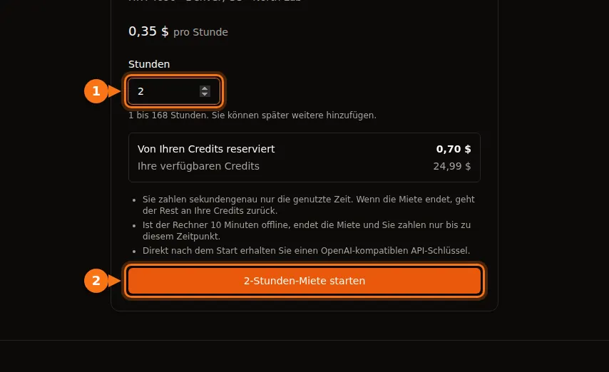 Das GPUFlow-Mietformular für eine GPU zu 0,35 $ pro Stunde, mit 2 eingegebenen Stunden, 0,70 $ reserviert und hervorgehobener Schaltfläche 2-Stunden-Miete starten