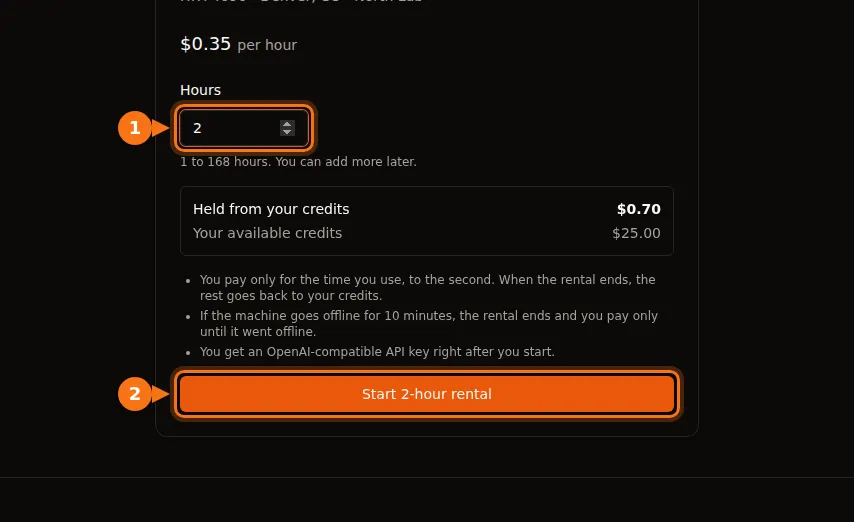 The GPUFlow rent form for a $0.35 per hour GPU, with 2 hours entered, $0.70 held from credits, and the Start 2-hour rental button highlighted