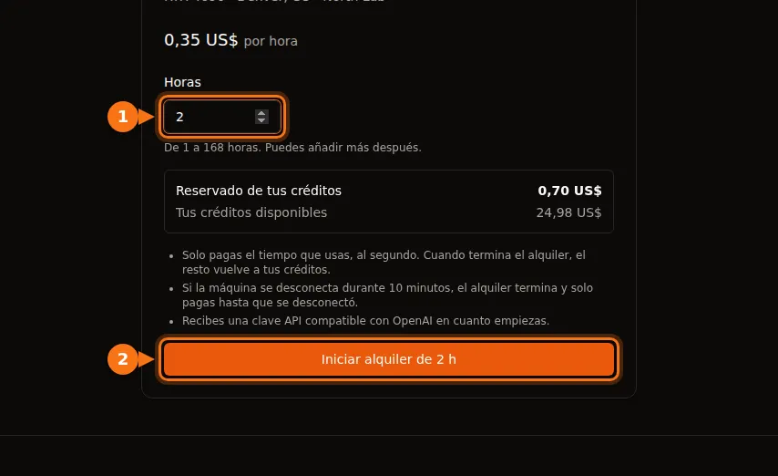 El formulario de alquiler de GPUFlow para una GPU de 0,35 $ por hora, con 2 horas introducidas, 0,70 $ reservados de los créditos y el botón Iniciar alquiler de 2 h resaltado