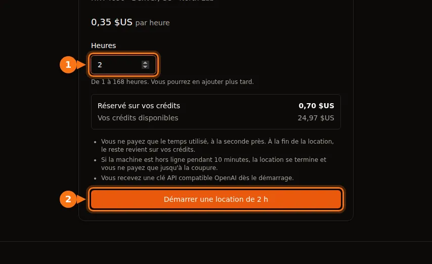 Le formulaire de location GPUFlow pour un GPU à 0,35 $ de l'heure, avec 2 heures saisies, 0,70 $ réservés sur les crédits et le bouton Démarrer une location de 2 h mis en évidence