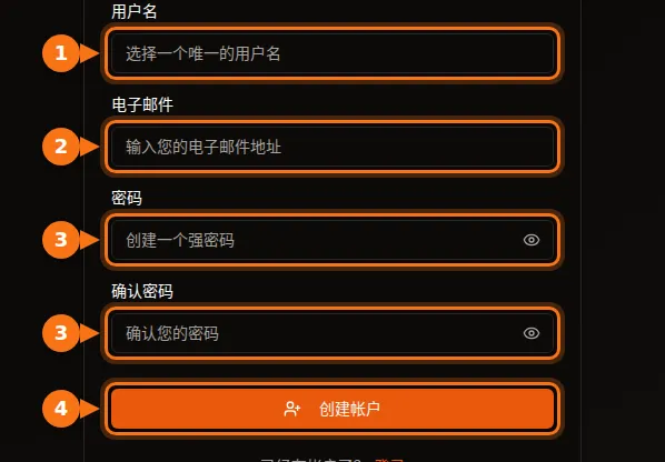 GPUFlow 注册表单，高亮显示用户名、邮箱和密码字段