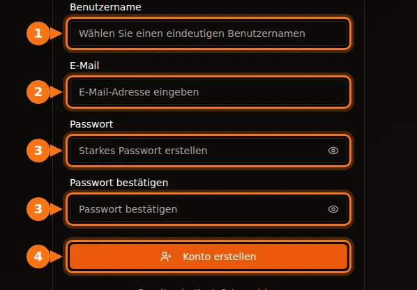 Das Registrierungsformular von GPUFlow mit hervorgehobenen Feldern für Benutzername, E-Mail und Passwort