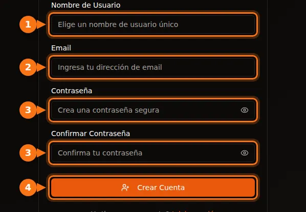 El formulario de registro de GPUFlow con los campos de nombre de usuario, email y contraseña resaltados