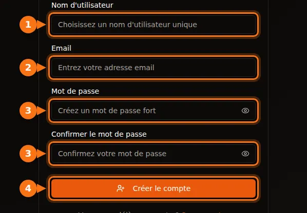 Le formulaire d'inscription GPUFlow avec les champs nom d'utilisateur, e-mail et mot de passe mis en évidence