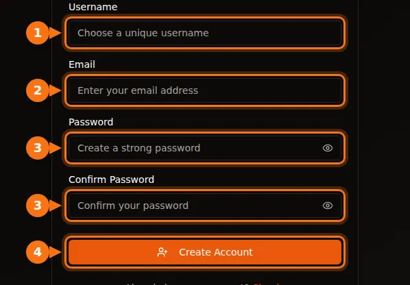The GPUFlow sign-up form with the username, email and password fields highlighted