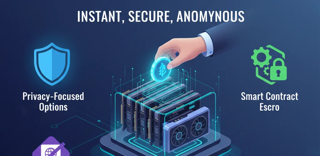 Cryptocurrency coins including Bitcoin and Ethereum next to GPU graphics card representing crypto-based GPU rental