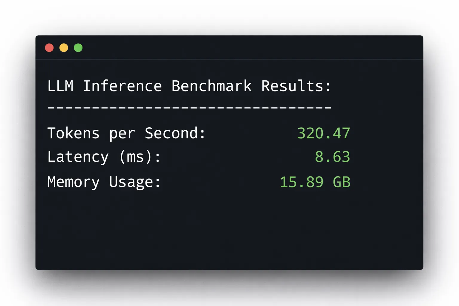 Terminal showing structured inference benchmark metrics on RTX 4090
