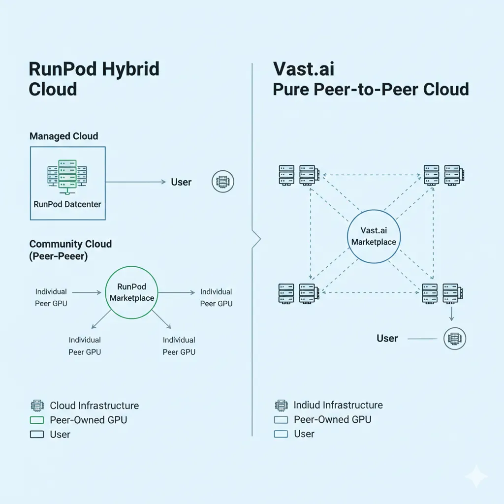 Architectural diagram showing RunPod hybrid model versus Vast.ai pure peer-to-peer marketplace model