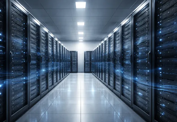 Abstract representation of a secure decentralized server room processing AI data with blue lighting