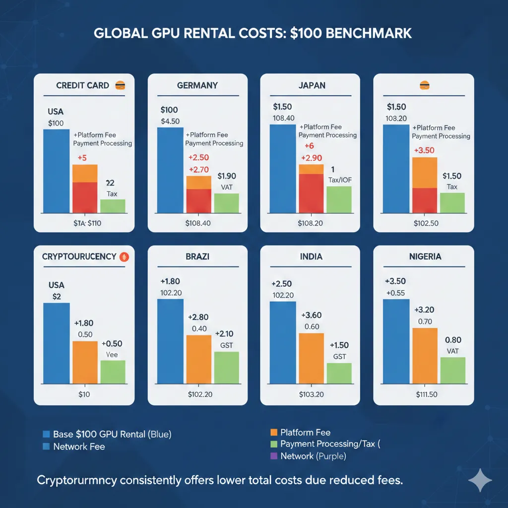 Infographic showing fee breakdown for $100 GPU rental from six countries, comparing credit card versus cryptocurrency total costs