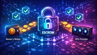 Smart contract code lock icon protecting cryptocurrency payment between GPU renter and provider, with blockchain verification checkmarks and escrow flow diagram