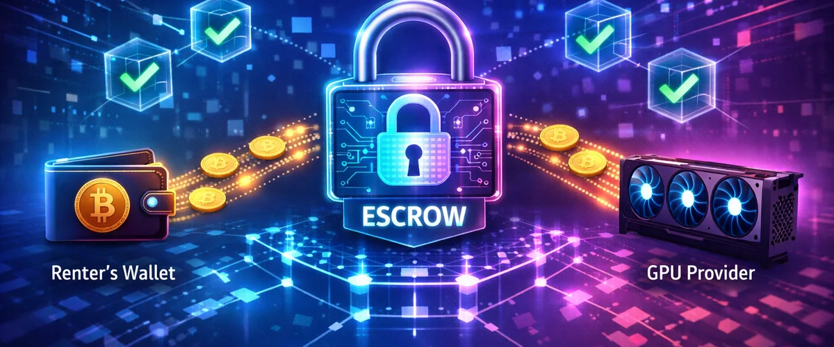 Smart contract code lock icon protecting cryptocurrency payment between GPU renter and provider, with blockchain verification checkmarks and escrow flow diagram