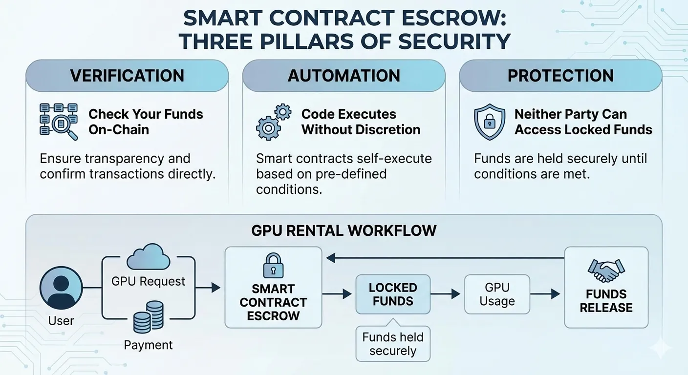 Summary infographic showing three pillars of smart contract escrow: verification (check your funds on-chain), automation (code executes without discretion), and protection (neither party can access locked funds), with GPU rental workflow illustrated beneath