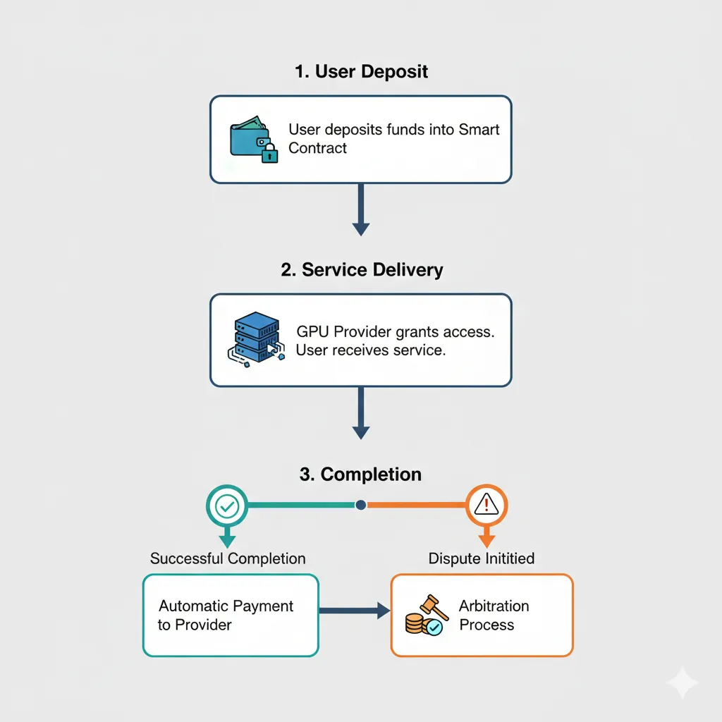 Smart contract escrow workflow diagram for GPU rental showing fund locking, service delivery, and automatic payment release process