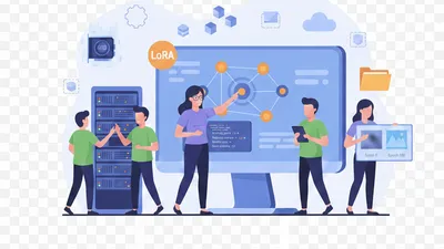 Illustration of people around a large monitor showing a LoRA network diagram, next to a server rack and a panel comparing sample images from two training epochs