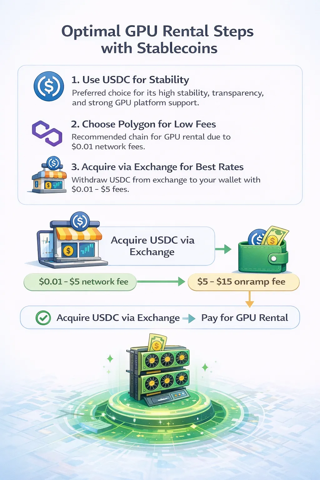Summary infographic showing three key points: use USDC for stability, choose Polygon for low fees, acquire via exchange for best rates, with GPU rental workflow illustrated at bottom