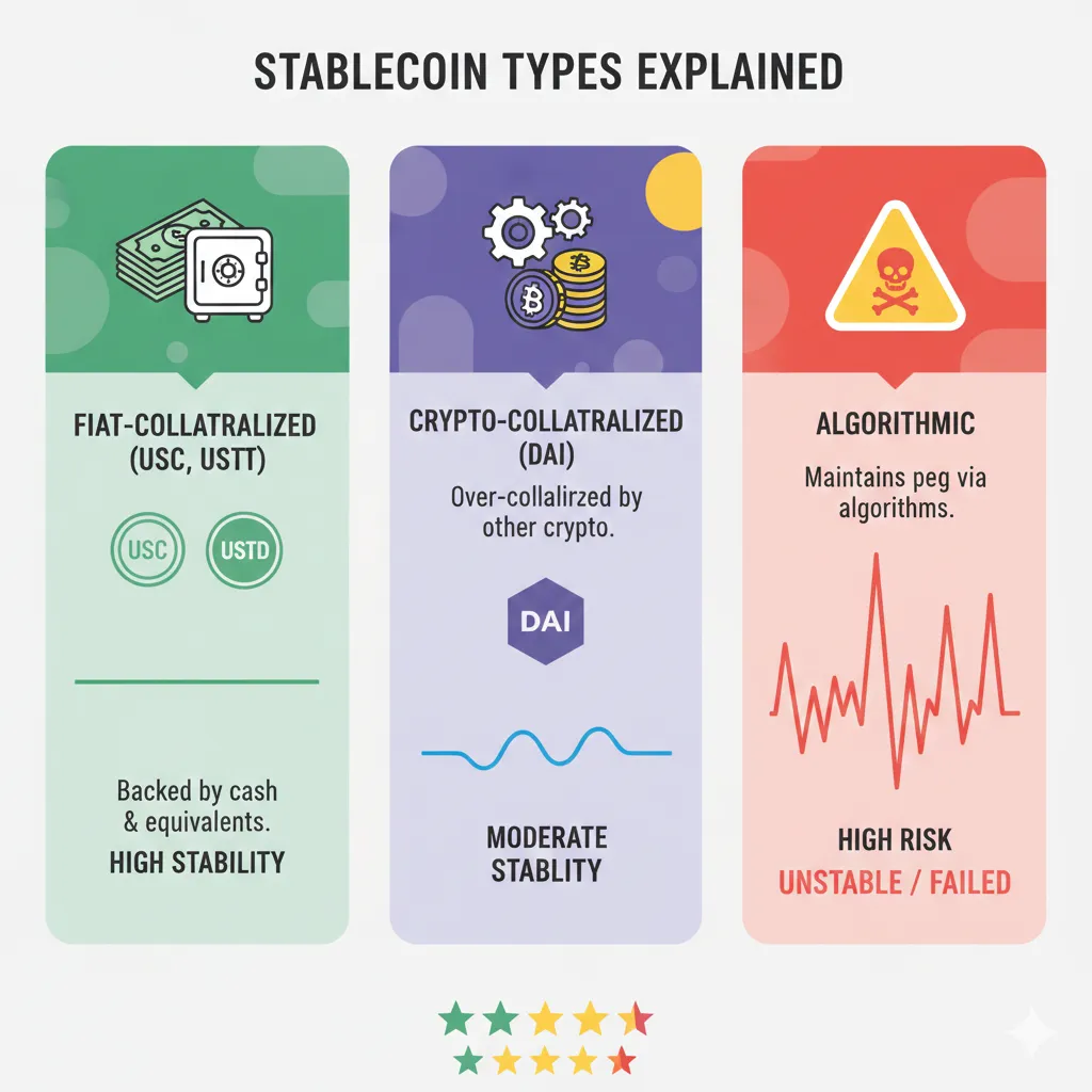 Diagram showing three stablecoin types: fiat-collateralized (USDC/USDT) with bank reserves backing, crypto-collateralized (DAI) with over-collateralized crypto backing, and algorithmic (warning symbol) marked as risky, with stability ratings for each type