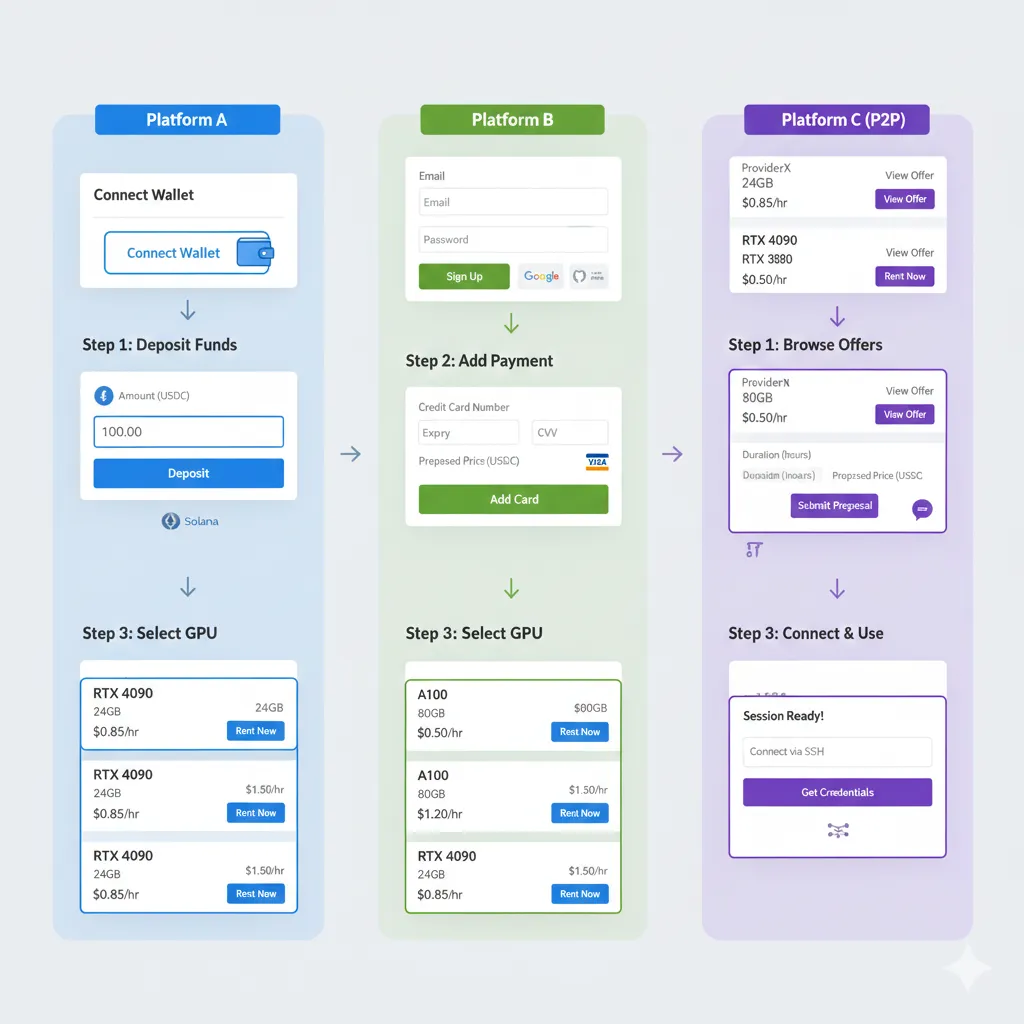 Alt text: Side-by-side comparison of GPU rental setup process for GPUFlow, Vast.ai, and RunPod showing initial connection and payment steps
