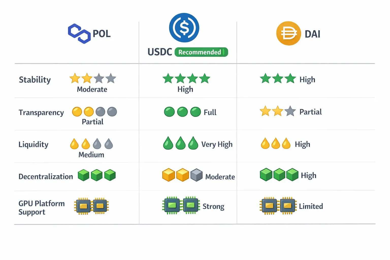 Comparison matrix showing USDC, USDT, and DAI side by side with ratings for stability, transparency, liquidity, decentralization, and GPU platform support, with USDC highlighted as recommended choice for most users