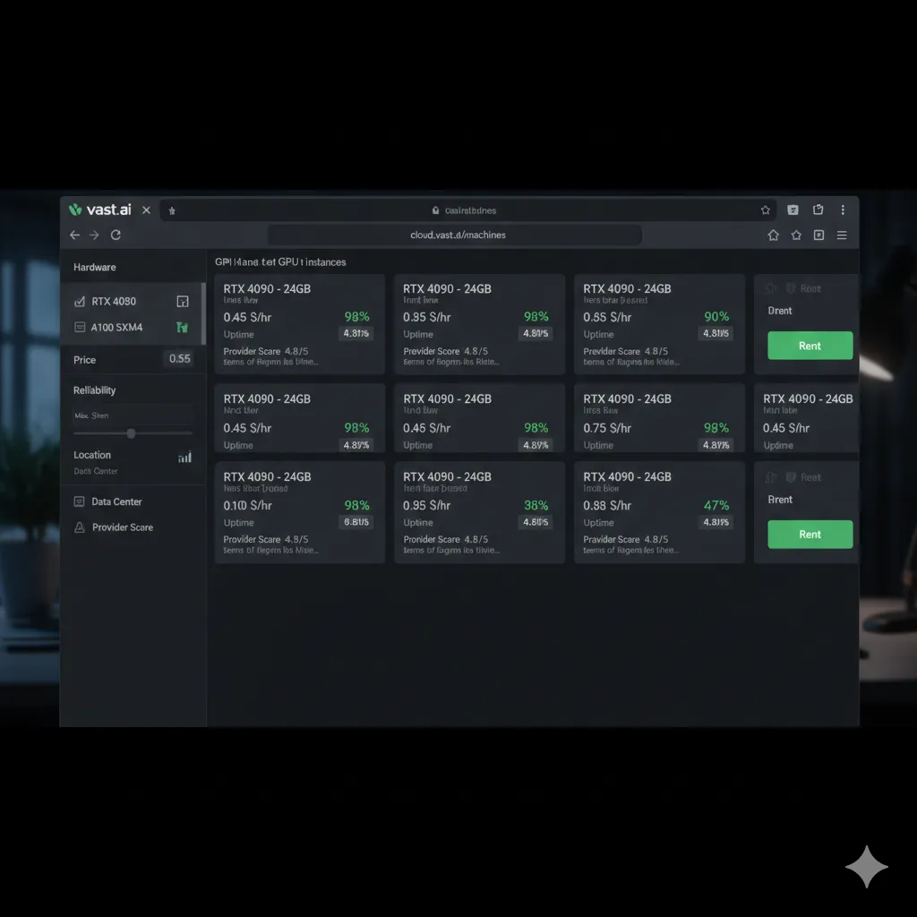 Screenshot of Vast.ai filtering interface showing reliability, price, and hardware filters