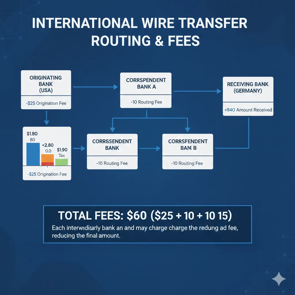 Flowchart showing international wire transfer routing through originating bank, two correspondent banks, and receiving bank, with fee amounts displayed at each step and total fees calculated at bottom